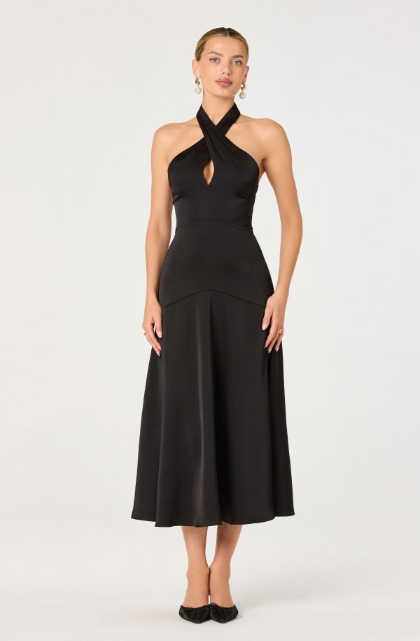 Satin Crossover Halter Midi Dress